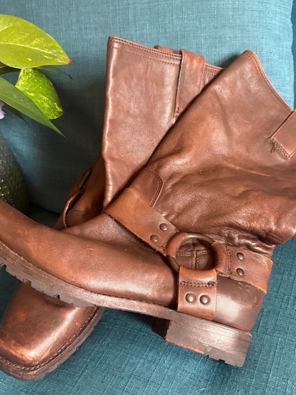 Frye Brown Leather Harness Boots -